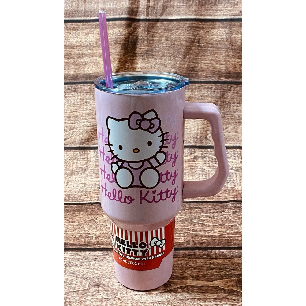 Hello Kitty 40 oz. Stainless Steel Pink Tumbler with Handle and Straw New